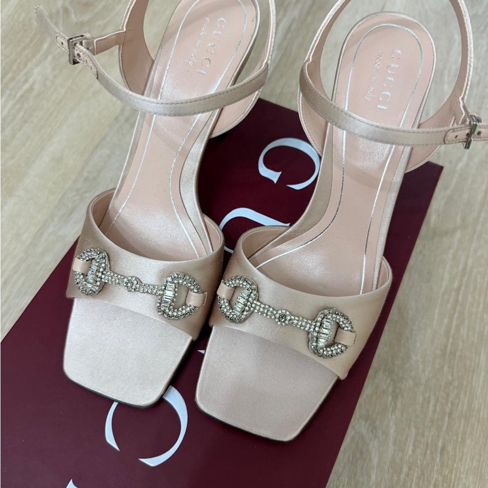 Gucci Pink Crystal Horsebit Block Heel Sandals